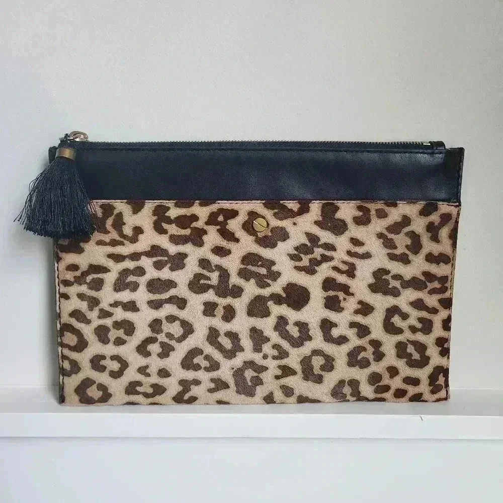 NWT J. Crew Leather Leopard Animal Print Calf Hair Clutch Pouch